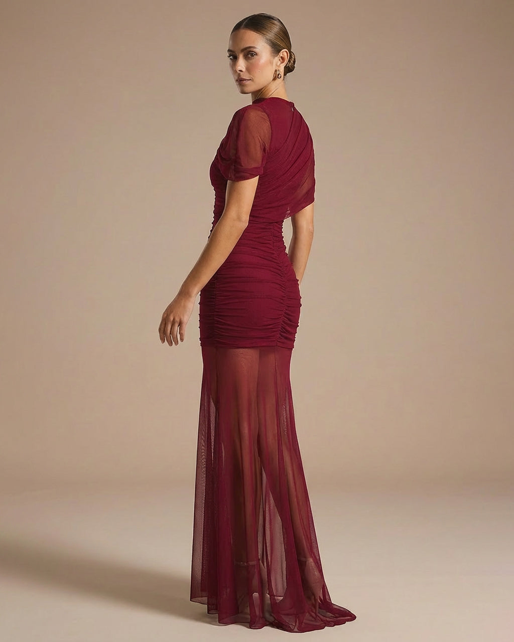 Burgundy Draped High Neck Ruched Bodycon Maxi Gown