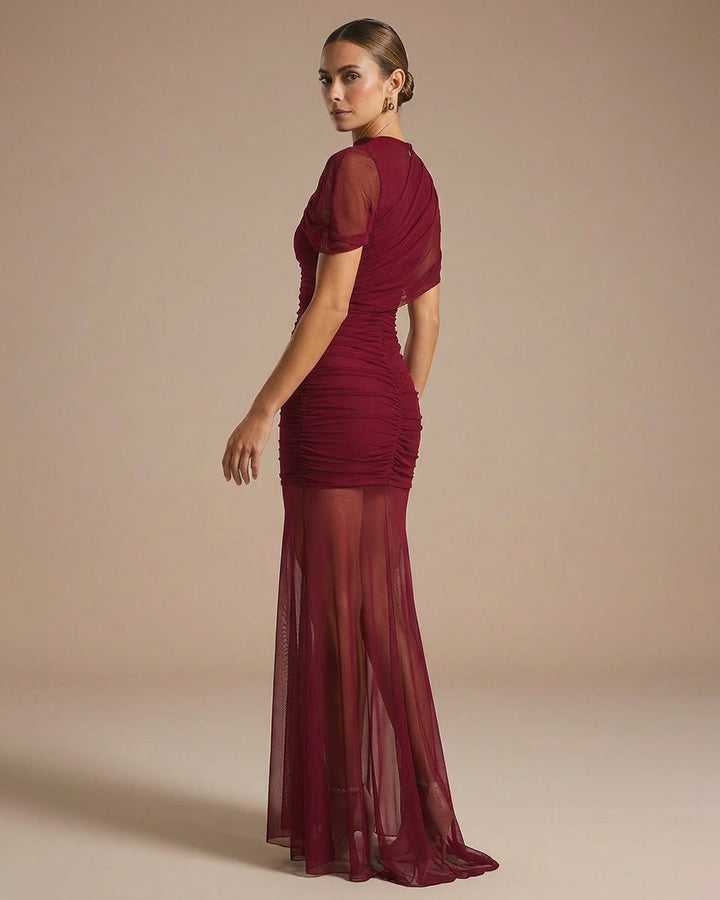 Burgundy Draped High Neck Ruched Bodycon Maxi Gown