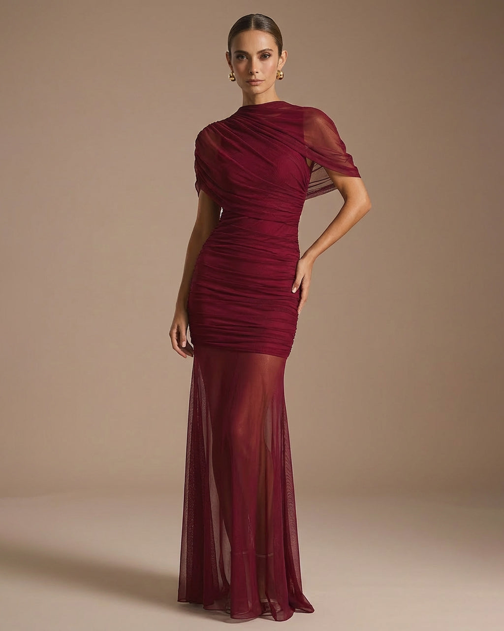 Burgundy Draped High Neck Ruched Bodycon Maxi Gown