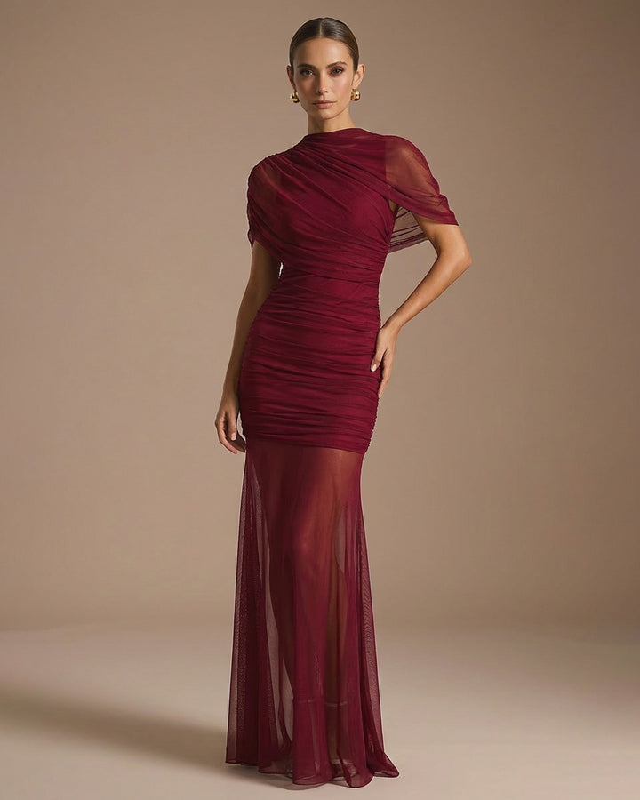 Burgundy Draped High Neck Ruched Bodycon Maxi Gown