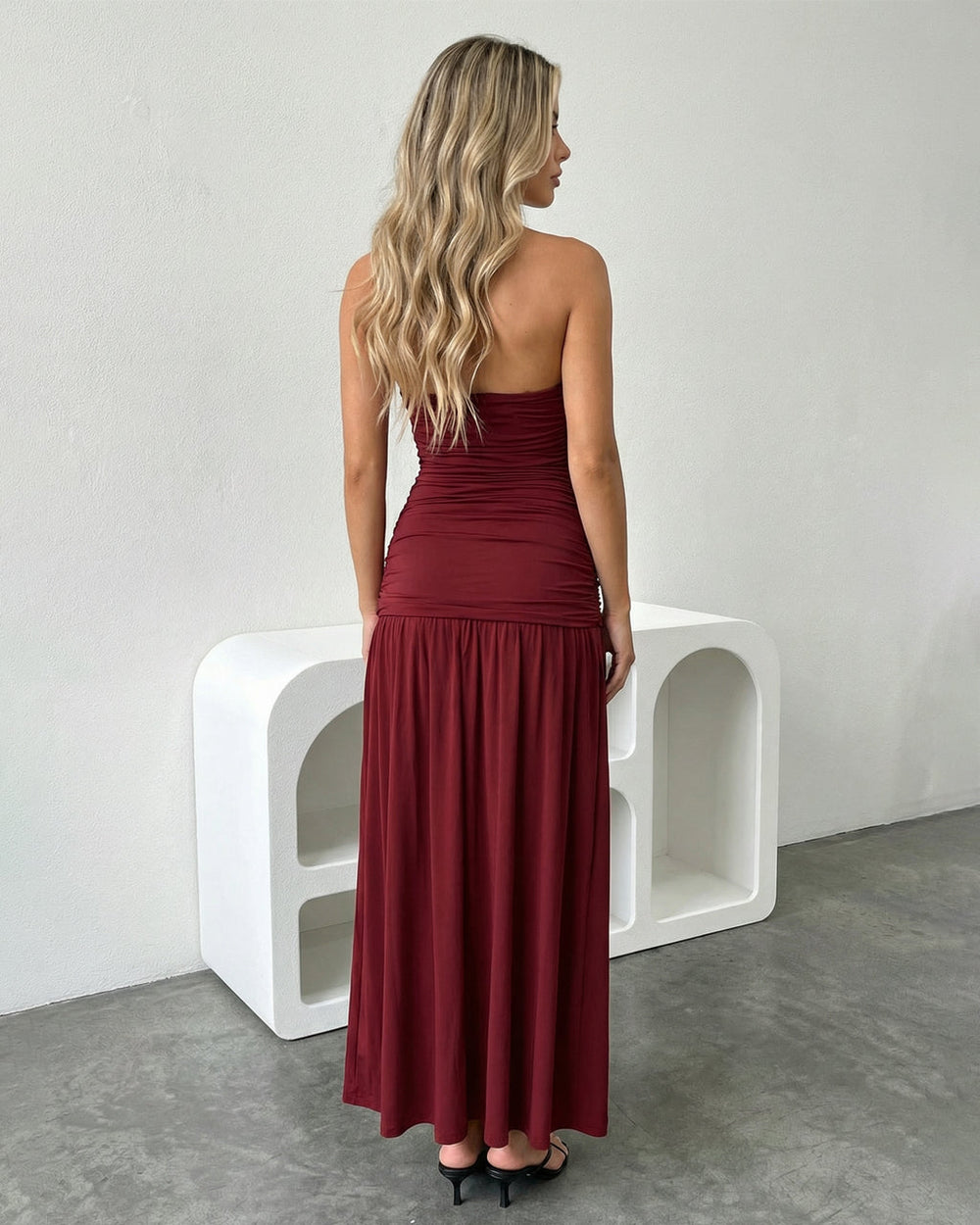 Burgundy Spaghetti Strap Ruched High Slit Maxi Dress SOLACE