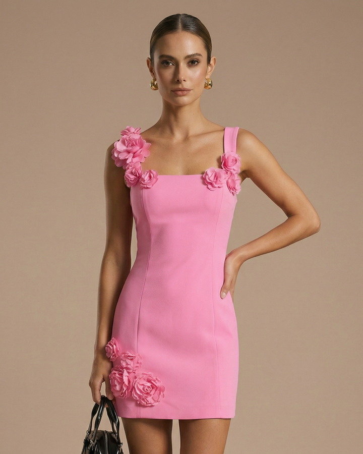 Pink Floral Square Neck Bodycon Mini Dress