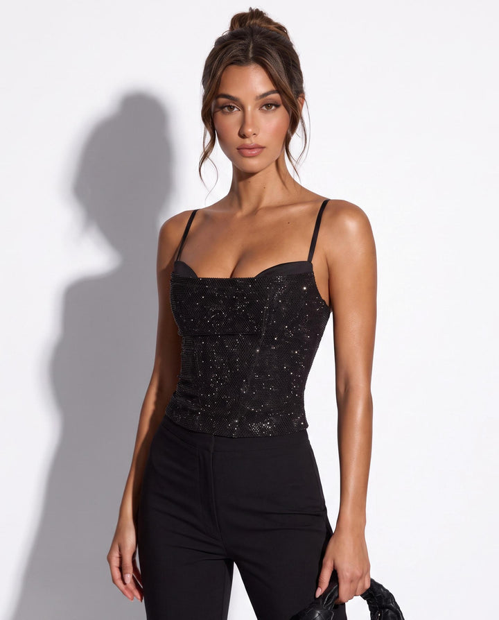 SOLACEBlack Glam Sequin Embellished Spaghetti Strap Corset Party Top