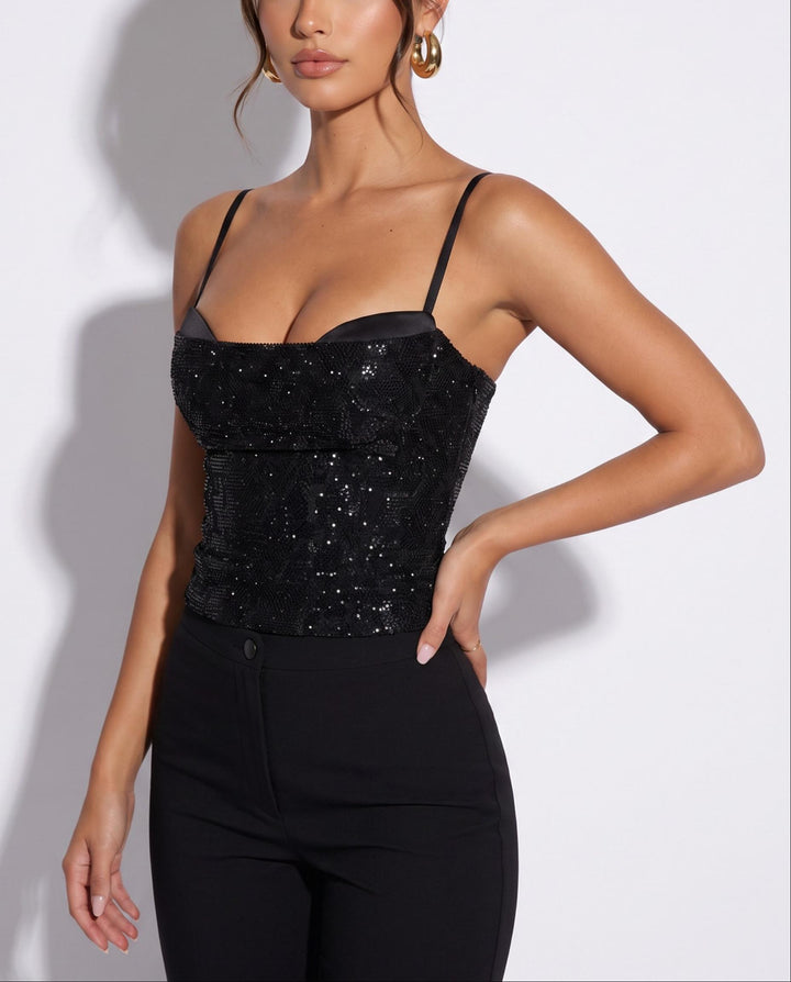 SOLACEBlack Glam Sequin Embellished Spaghetti Strap Corset Party Top