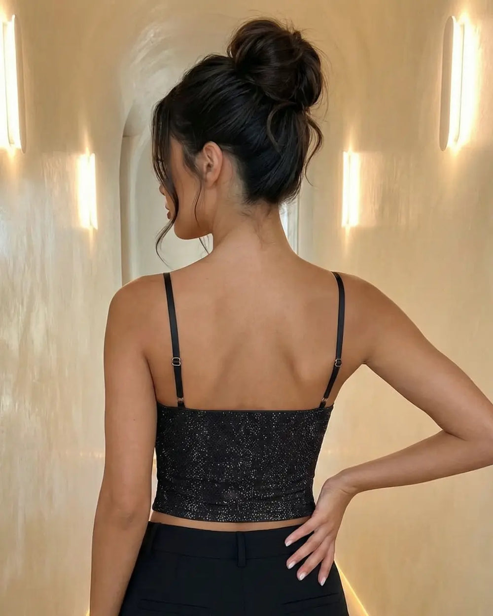 Black Glam Sequin Embellished Spaghetti Strap Corset Party Top SOLACE