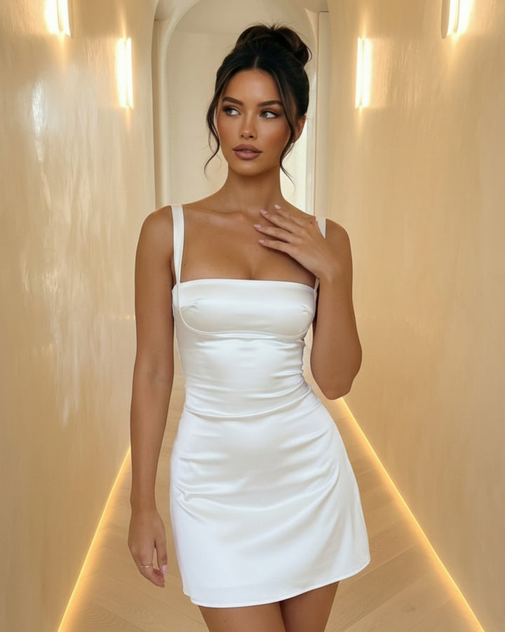 White Sleek Satin Spaghetti Strap Bodycon Mini Dress