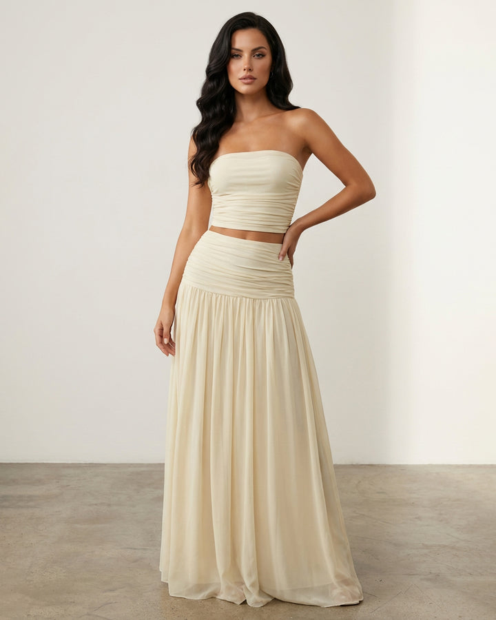 Beige Strapless Ruched Crop Top Flowy Maxi Skirt Set