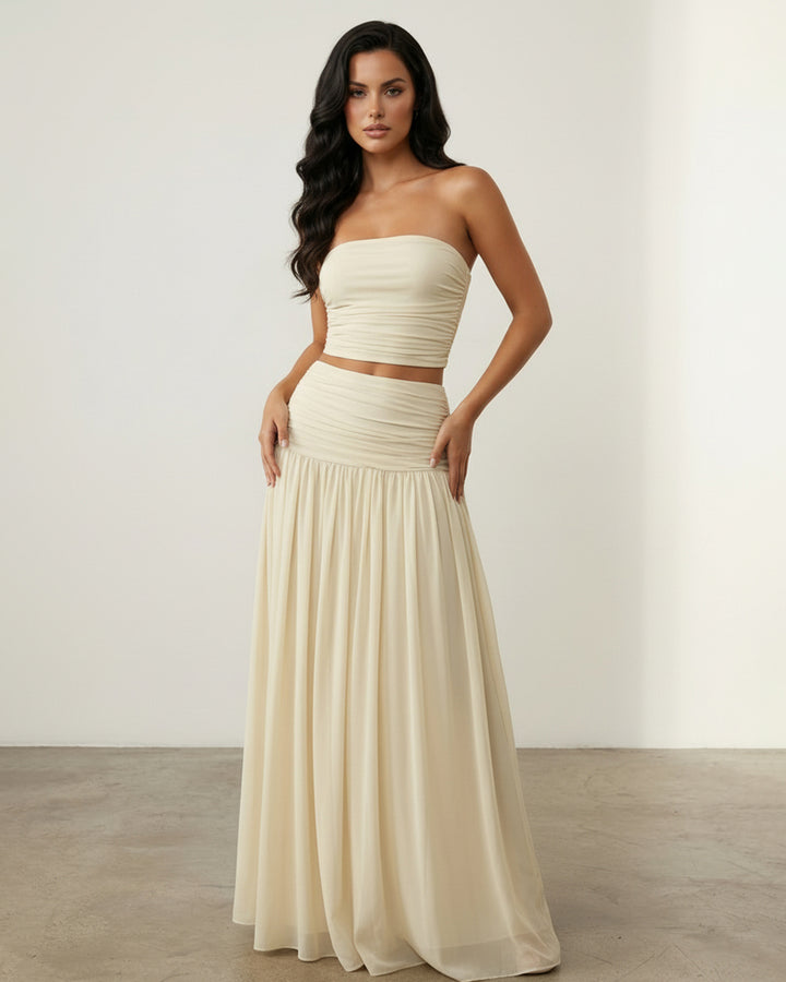 Beige Strapless Ruched Crop Top Flowy Maxi Skirt Set