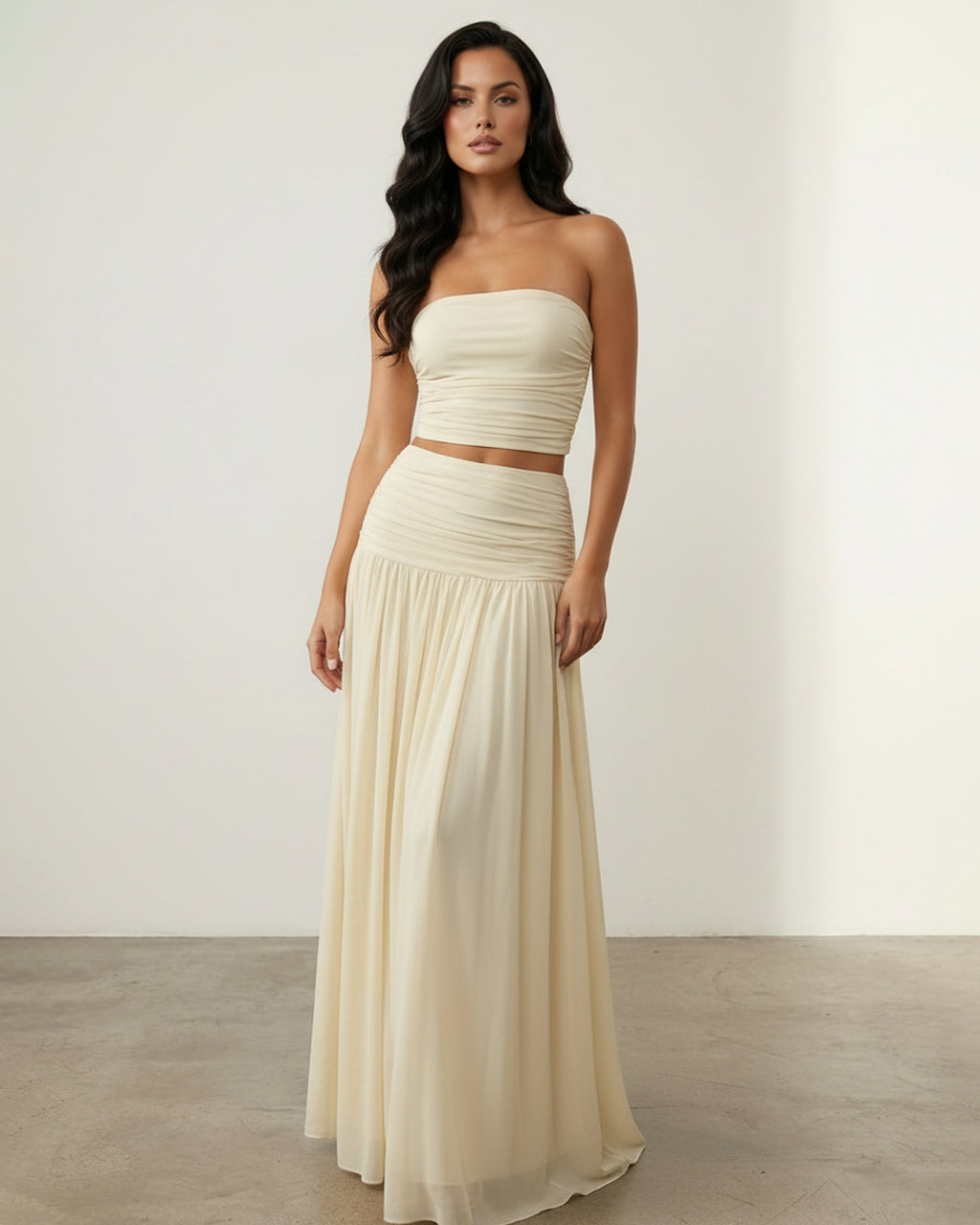 Beige Strapless Ruched Crop Top Flowy Maxi Skirt Set