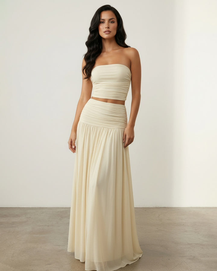 Beige Strapless Ruched Crop Top Flowy Maxi Skirt Set