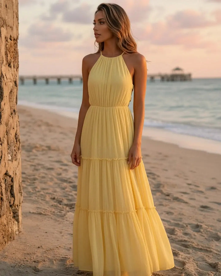 Yellow Chiffon Tiered Regular Fit Beach Maxi Dress SOLACE