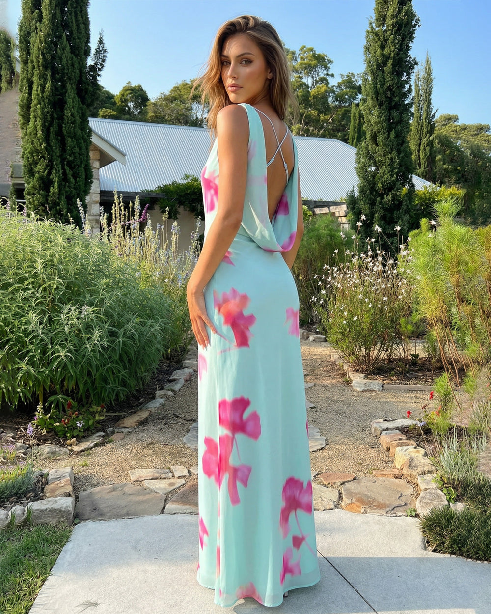 Mint Green and Pink Floral Print Cowl Neck Sleeveless Maxi Dress SOLACE