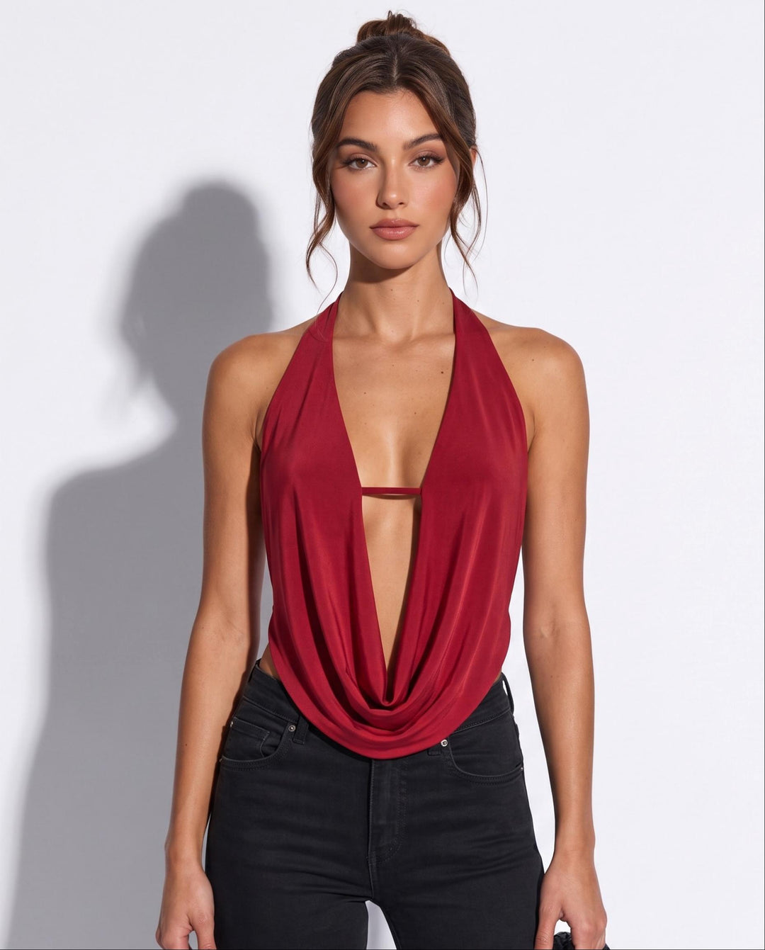 SOLACEBurgundy Satin Halter Neck Cowl Front Cutout Crop Top