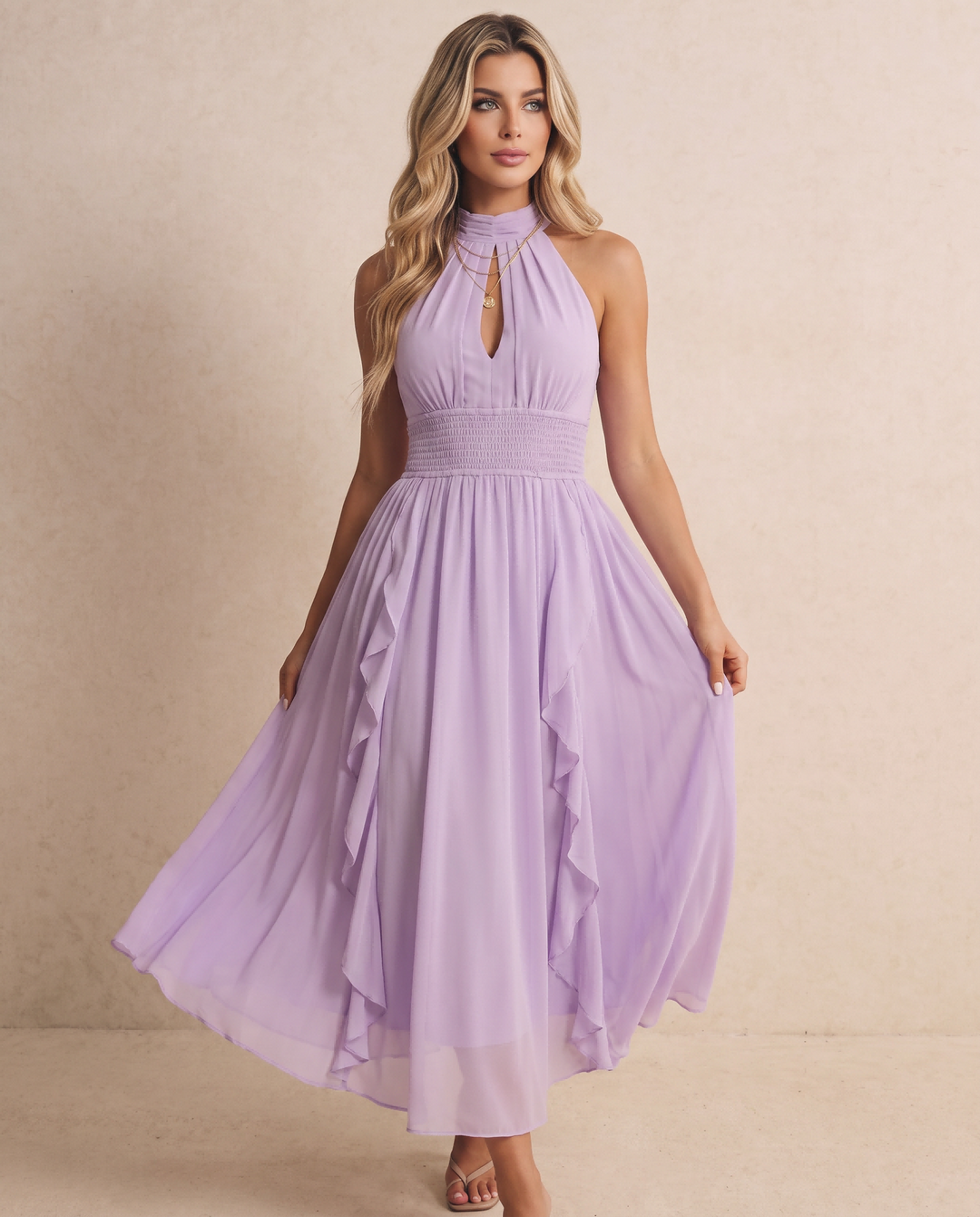 SOLACELavender Halter High Neck Keyhole Smocked Ruffle Midi Dress