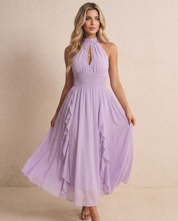 SOLACELavender Halter High Neck Keyhole Smocked Ruffle Midi Dress
