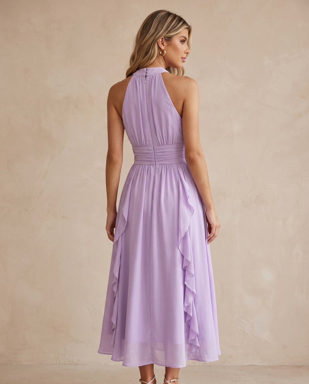SOLACELavender Halter High Neck Keyhole Smocked Ruffle Midi Dress
