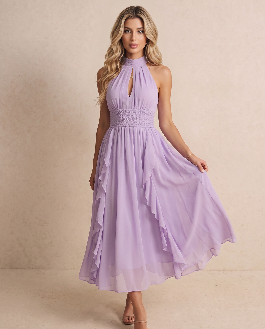 SOLACELavender Halter High Neck Keyhole Smocked Ruffle Midi Dress