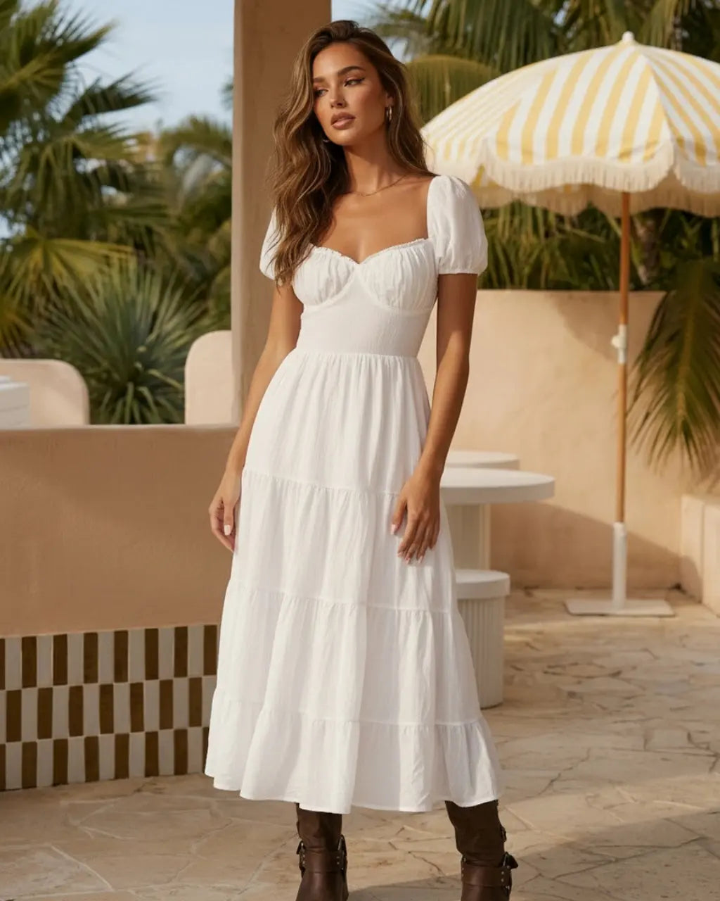 SOLACE  White Puff Sleeve Sweetheart Neck Tiered Ruffle Midi Dress 