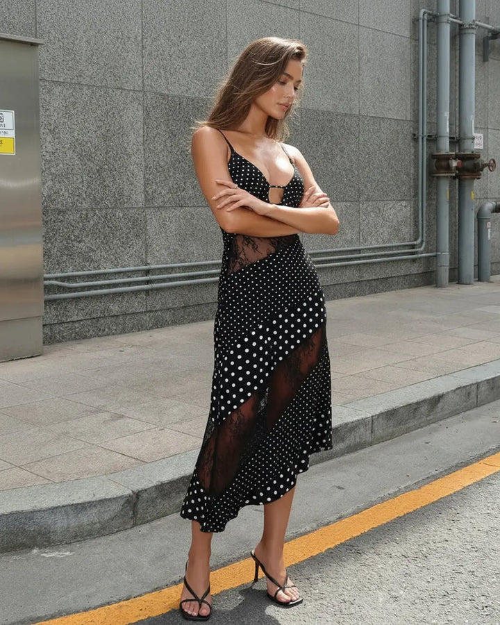 SOLACE  Black Lace Insert Polka Dot Slim Fit Midi Dress 