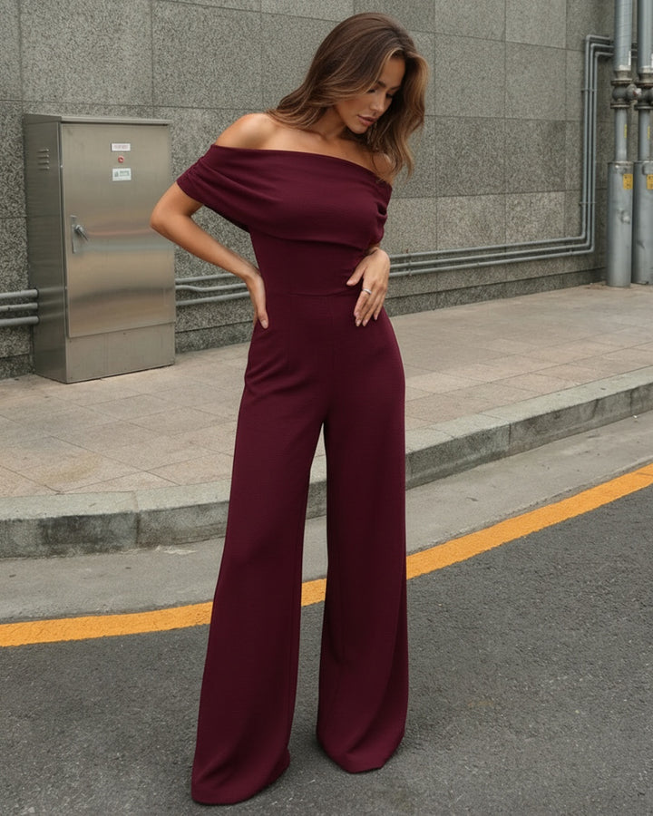 Burgundy Off-Shoulder Draped High Waist Wide Leg Jumpsuit