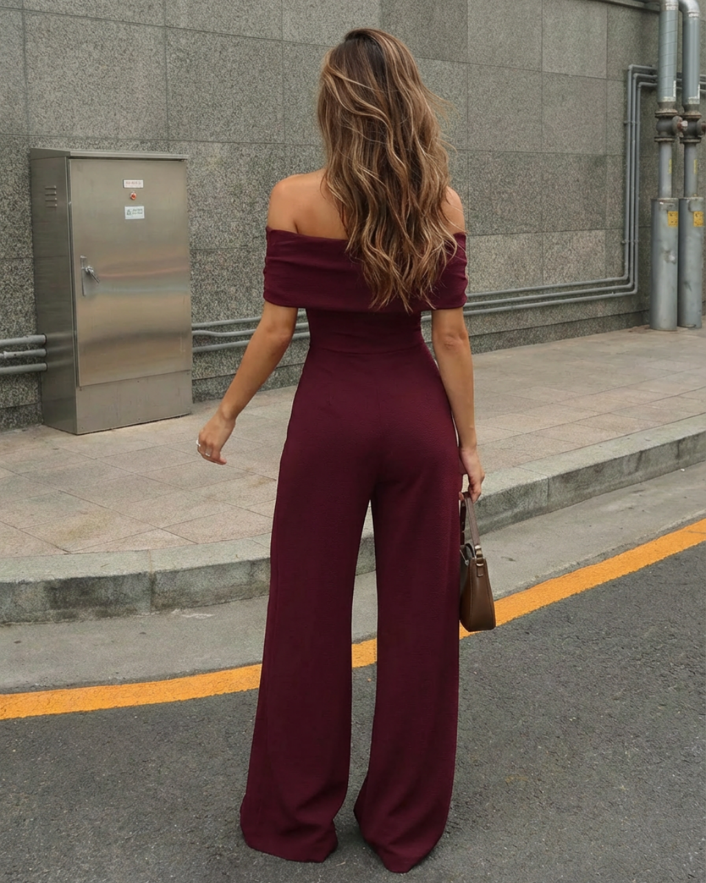 Burgundy Off-Shoulder Draped High Waist Wide Leg Jumpsuit