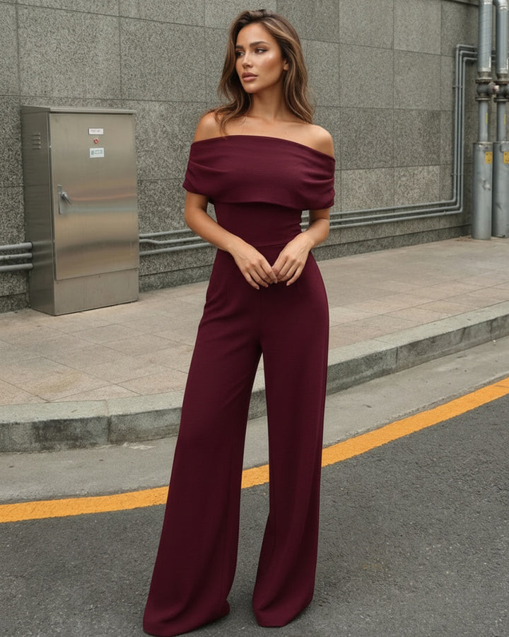Burgundy Off-Shoulder Draped High Waist Wide Leg Jumpsuit