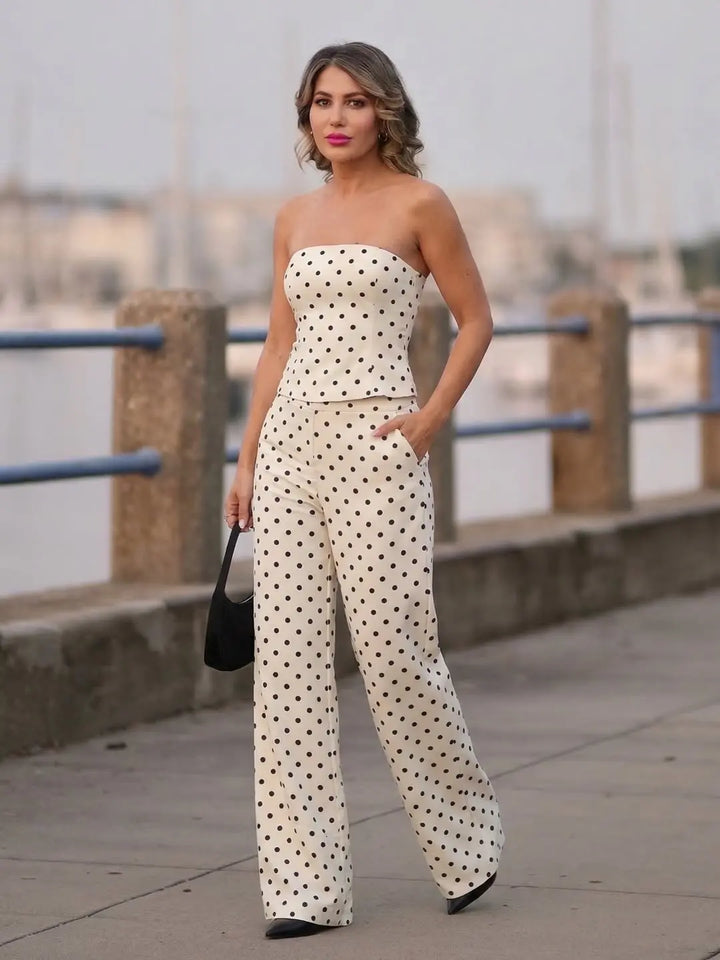 White Polka Dot Strapless Crop Top &amp; High-Waisted Wide Leg Trousers Set SOLACE