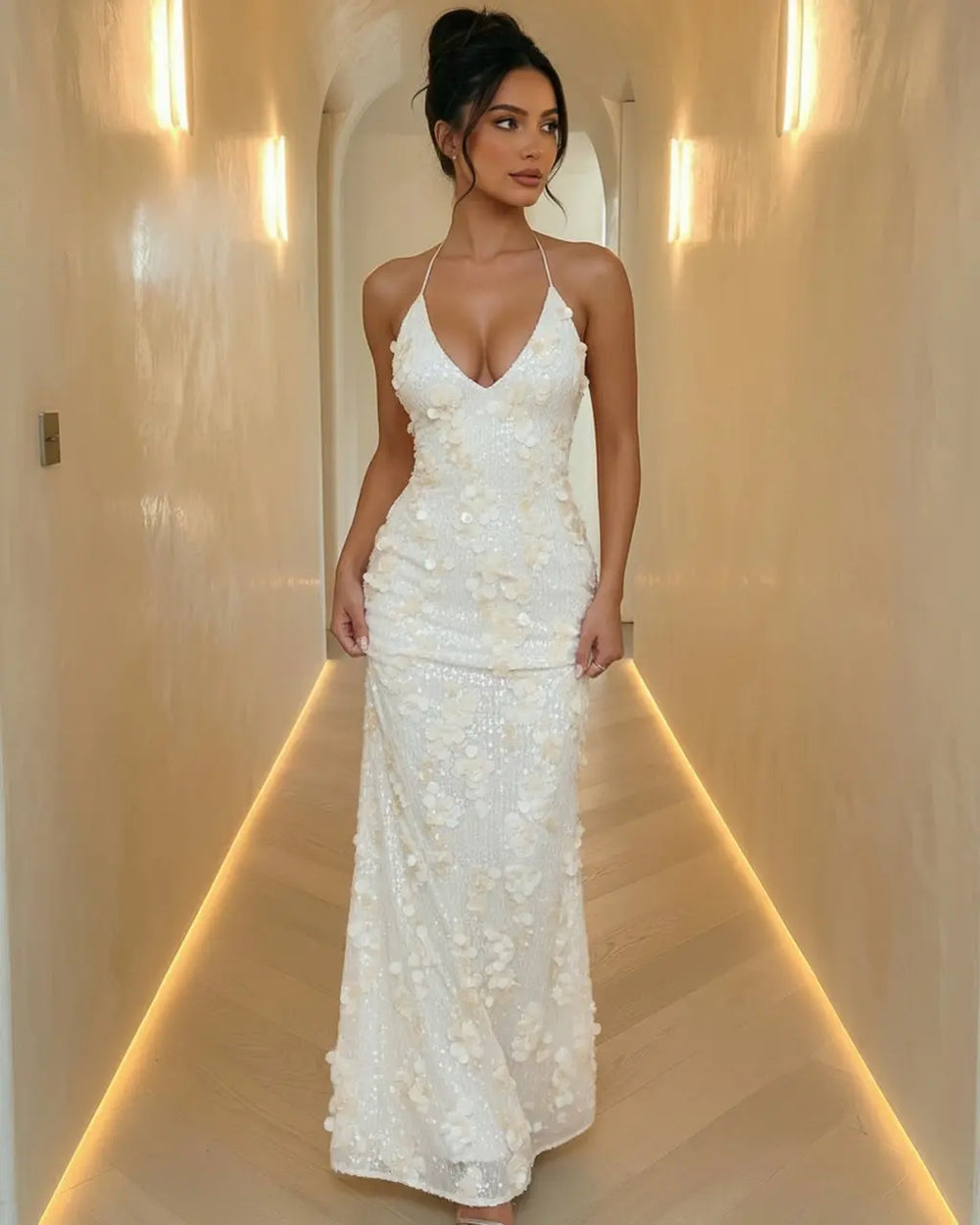 White Romantic Floral Appliqu¨¦ Halter Sequin Wedding Party Maxi Dress SOLACE