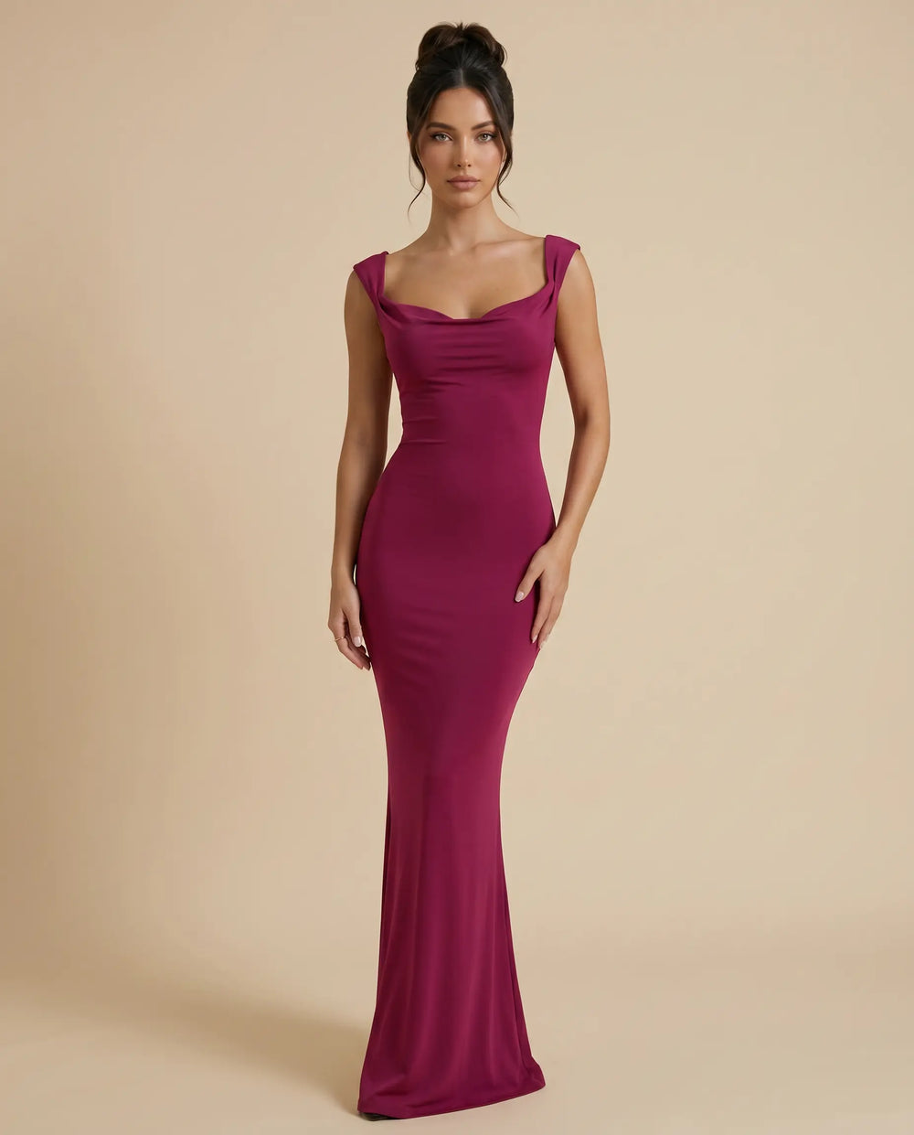 SOLACE  Fuchsia Evening Satin Cowl Neck Slim Fit Party Maxi Dress 