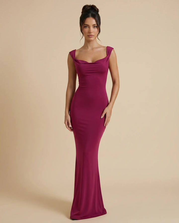 SOLACE  Fuchsia Evening Satin Cowl Neck Slim Fit Party Maxi Dress 