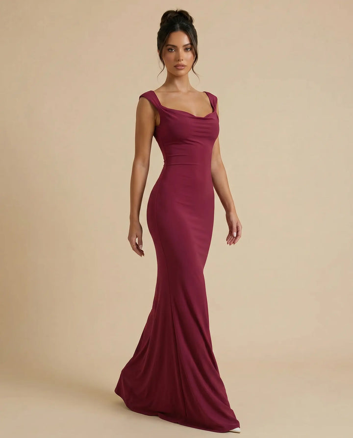 SOLACE  Fuchsia Evening Satin Cowl Neck Slim Fit Party Maxi Dress 