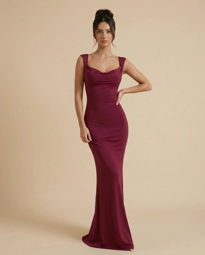SOLACE  Fuchsia Evening Satin Cowl Neck Slim Fit Party Maxi Dress 