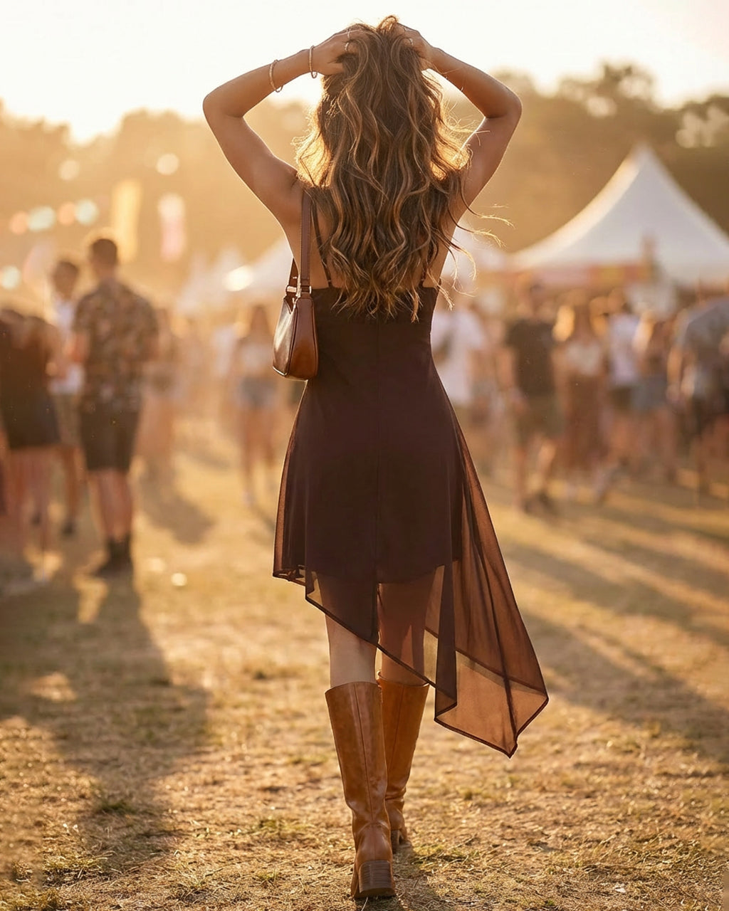 Brown Floral Embroidered Asymmetrical Hem Dress
