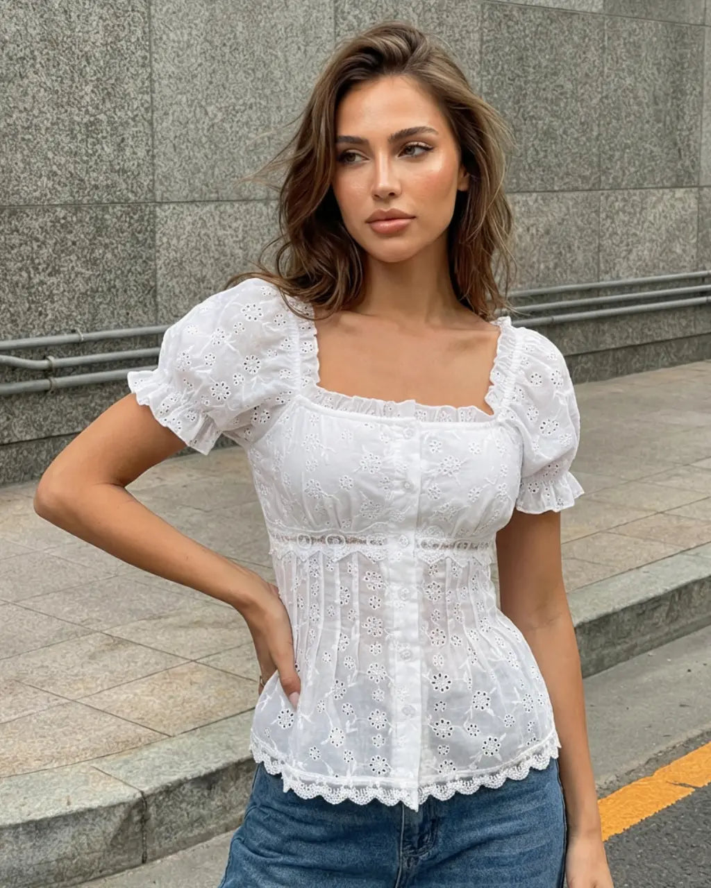 White Romantic Eyelet Lace Slim Fit Cropped Top SOLACE