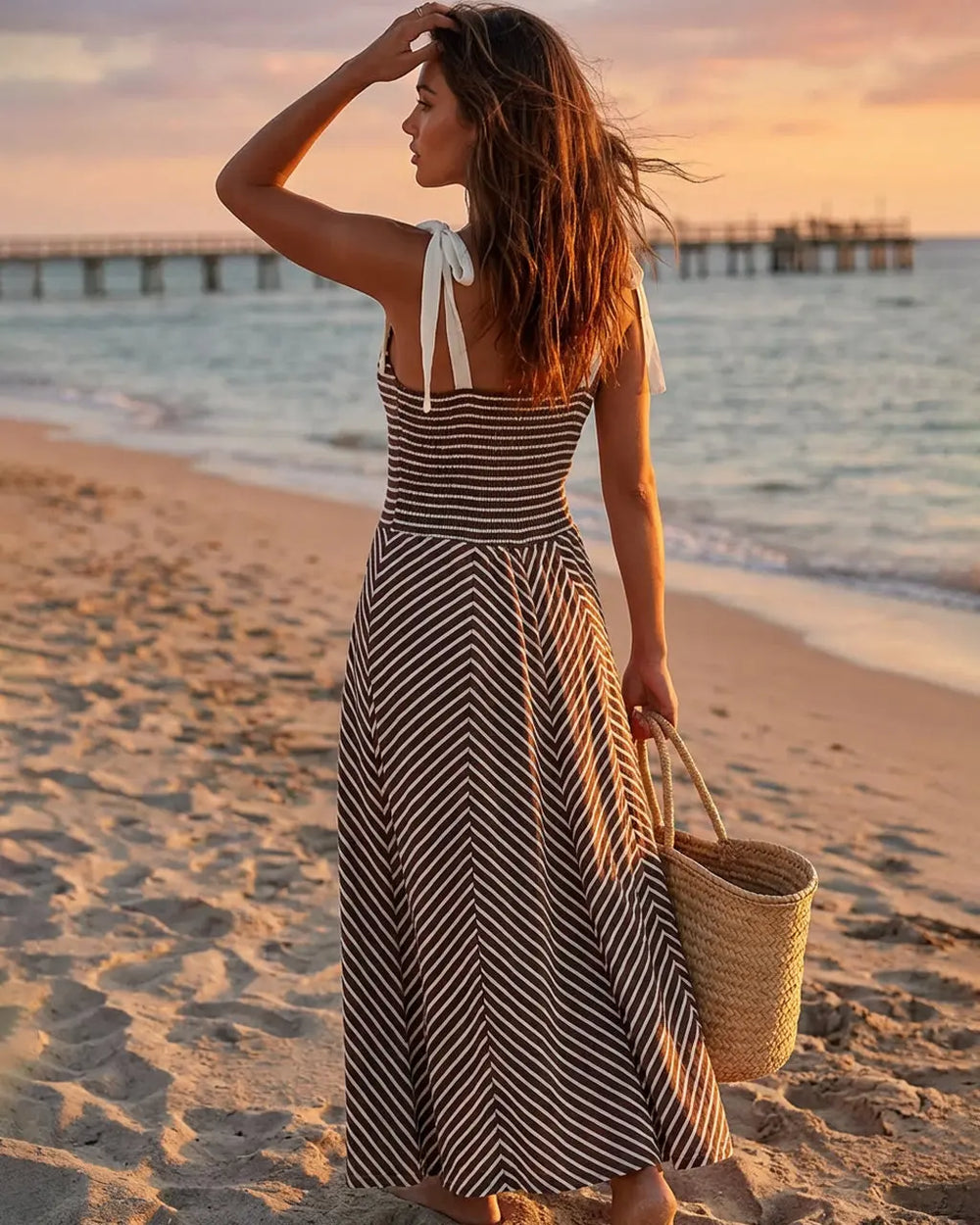 SOLACE  Brown V Neck Striped Ribbon Strap Slim Fit Vacation Maxi Dress 