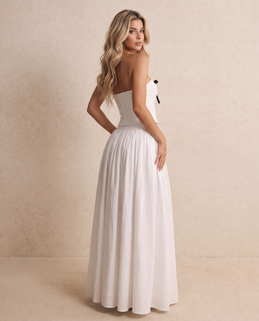 SOLACEWhite Boho Strapless Corset Bow Trim Cropped Top Flowy Maxi Skirt Set