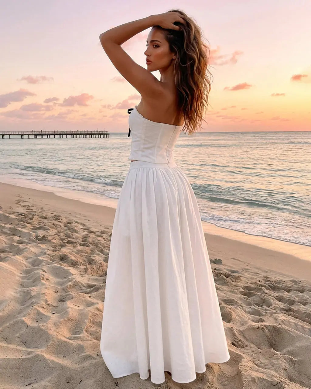 White Boho Strapless Corset Bow Trim Cropped Top Flowy Maxi Skirt Set SOLACE