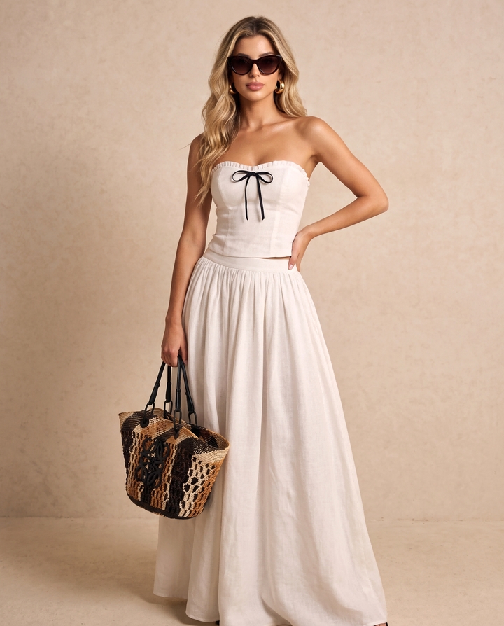SOLACEWhite Boho Strapless Corset Bow Trim Cropped Top Flowy Maxi Skirt Set
