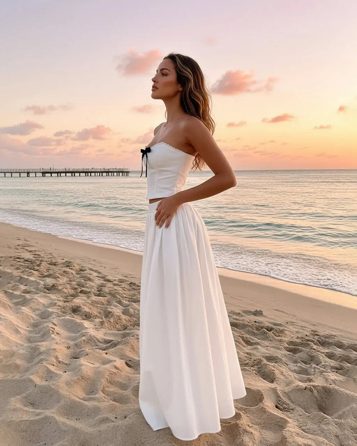 White Boho Strapless Corset Bow Trim Cropped Top Flowy Maxi Skirt Set SOLACE