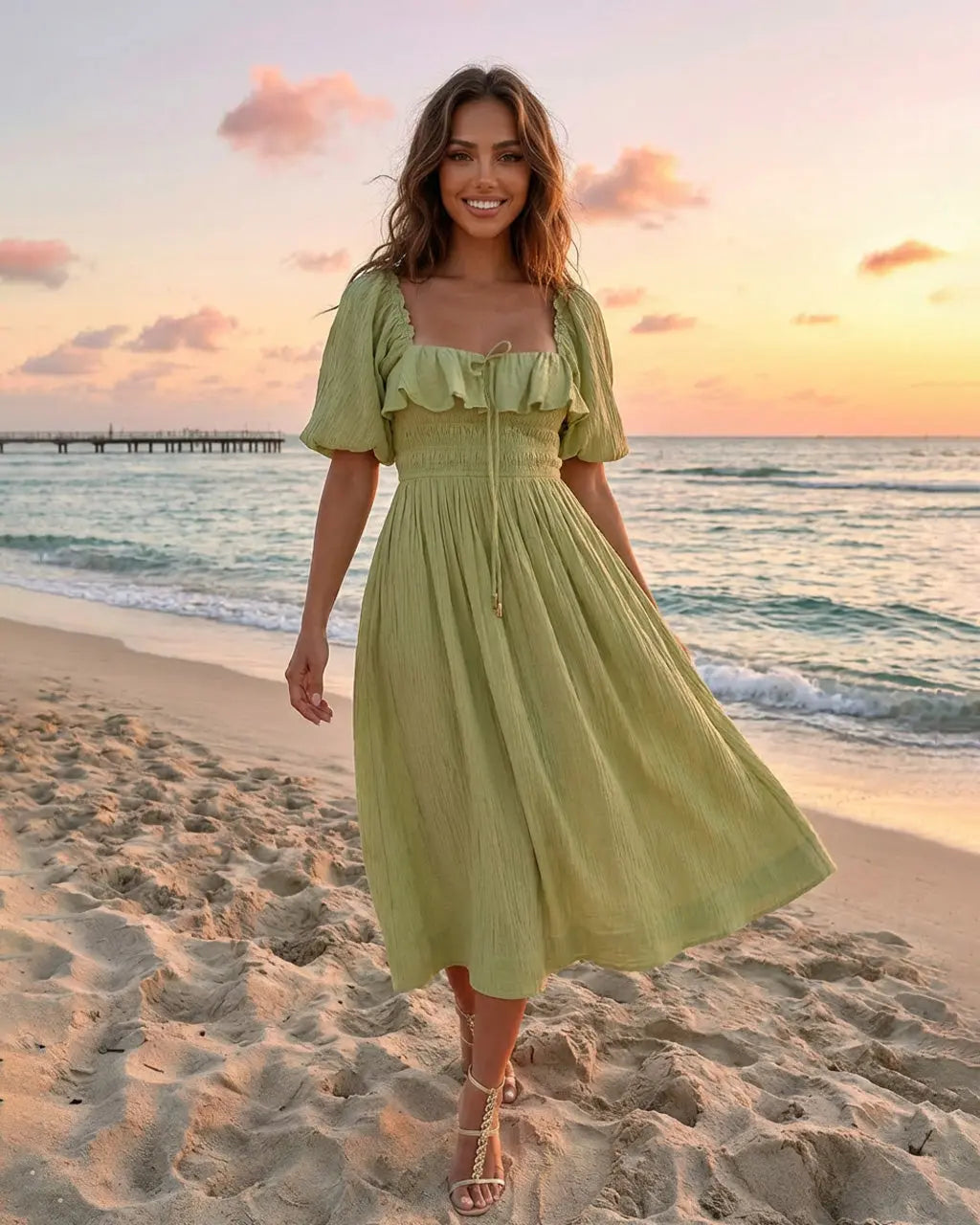 SOLACE  Sage Green Ruffled Cotton Blend Texture Slim Fit Midi Dress 
