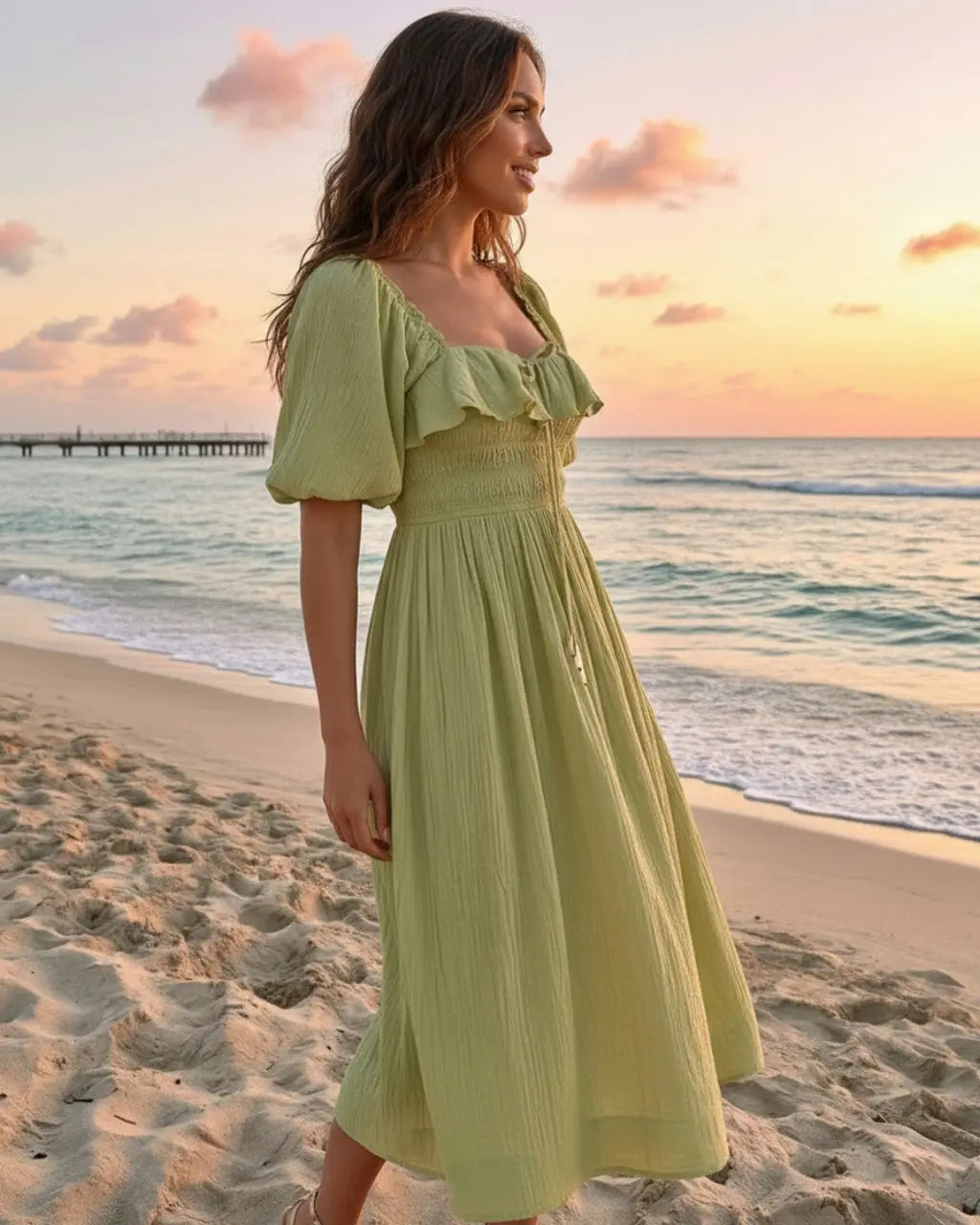 SOLACE  Sage Green Ruffled Cotton Blend Texture Slim Fit Midi Dress 
