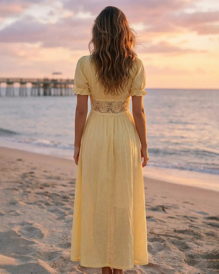 SOLACE  Yellow Lace Bodice with Crochet Trim Slim Fit Maxi Dress 