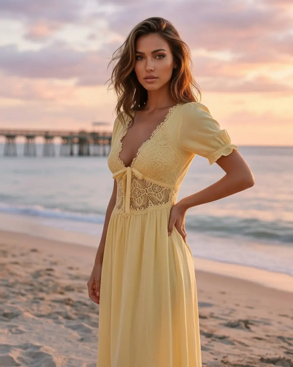 SOLACE  Yellow Lace Bodice with Crochet Trim Slim Fit Maxi Dress 