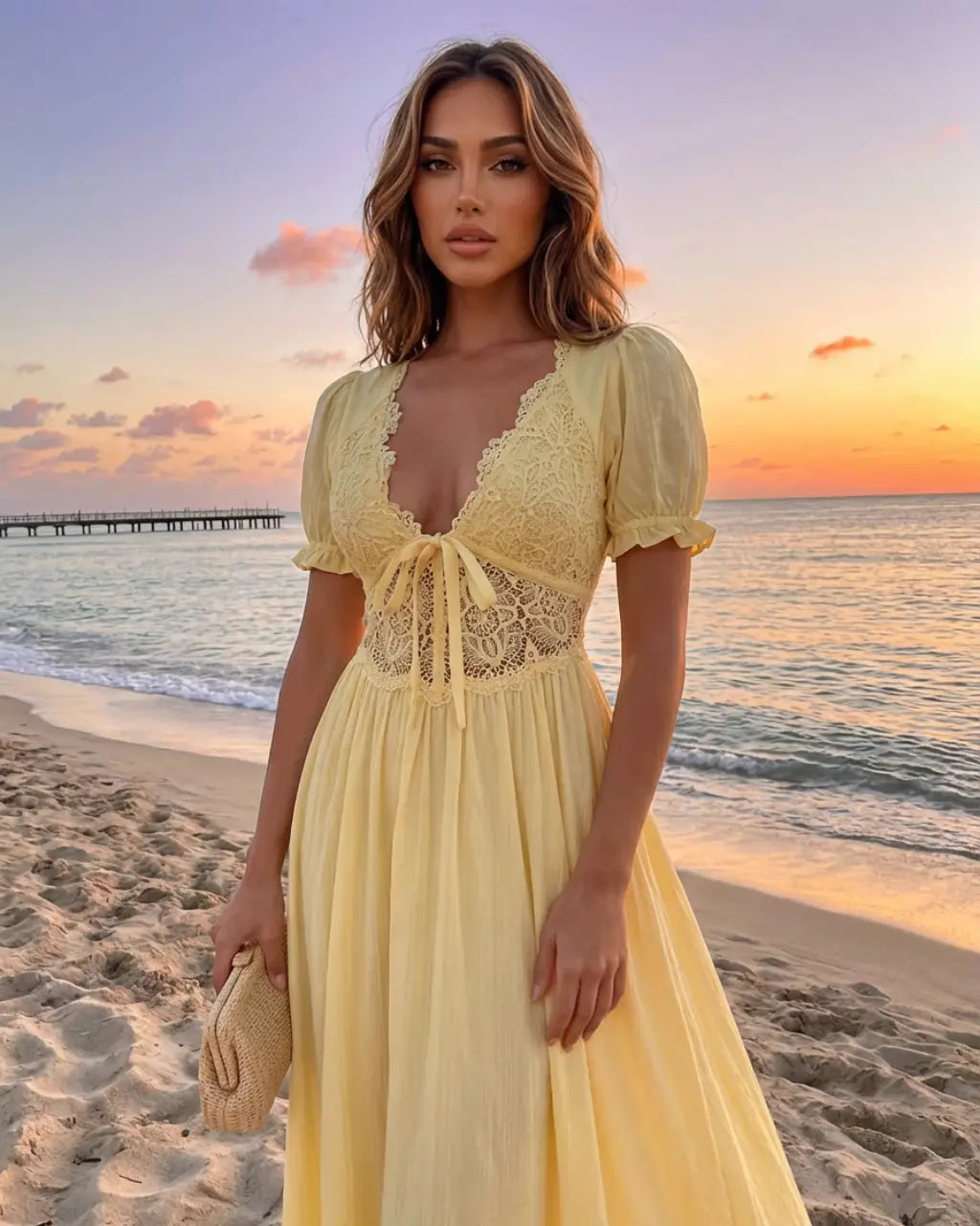 SOLACE  Yellow Lace Bodice with Crochet Trim Slim Fit Maxi Dress 