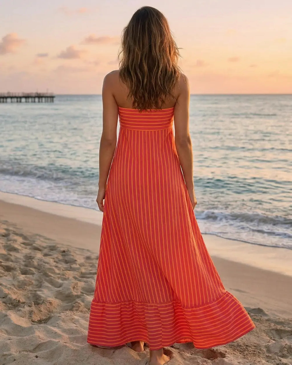 Red Summer Beach Striped Jersey Slim Fit Casual Maxi Dress SOLACE
