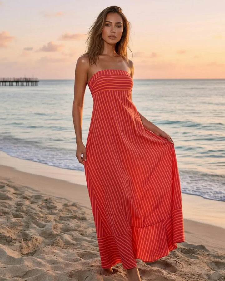 Red Summer Beach Striped Jersey Slim Fit Casual Maxi Dress SOLACE