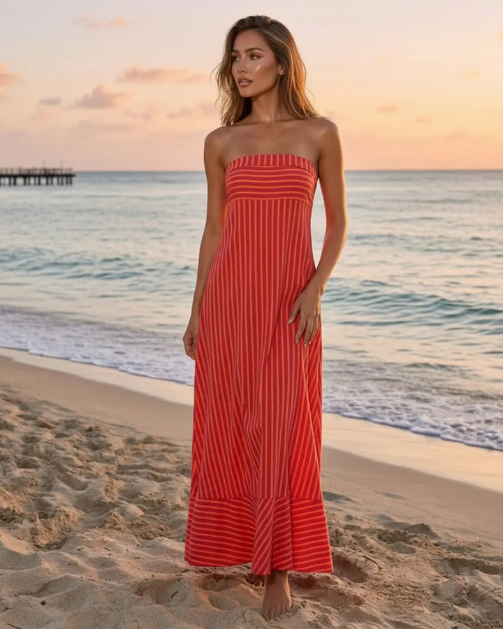 Red Summer Beach Striped Jersey Slim Fit Casual Maxi Dress SOLACE