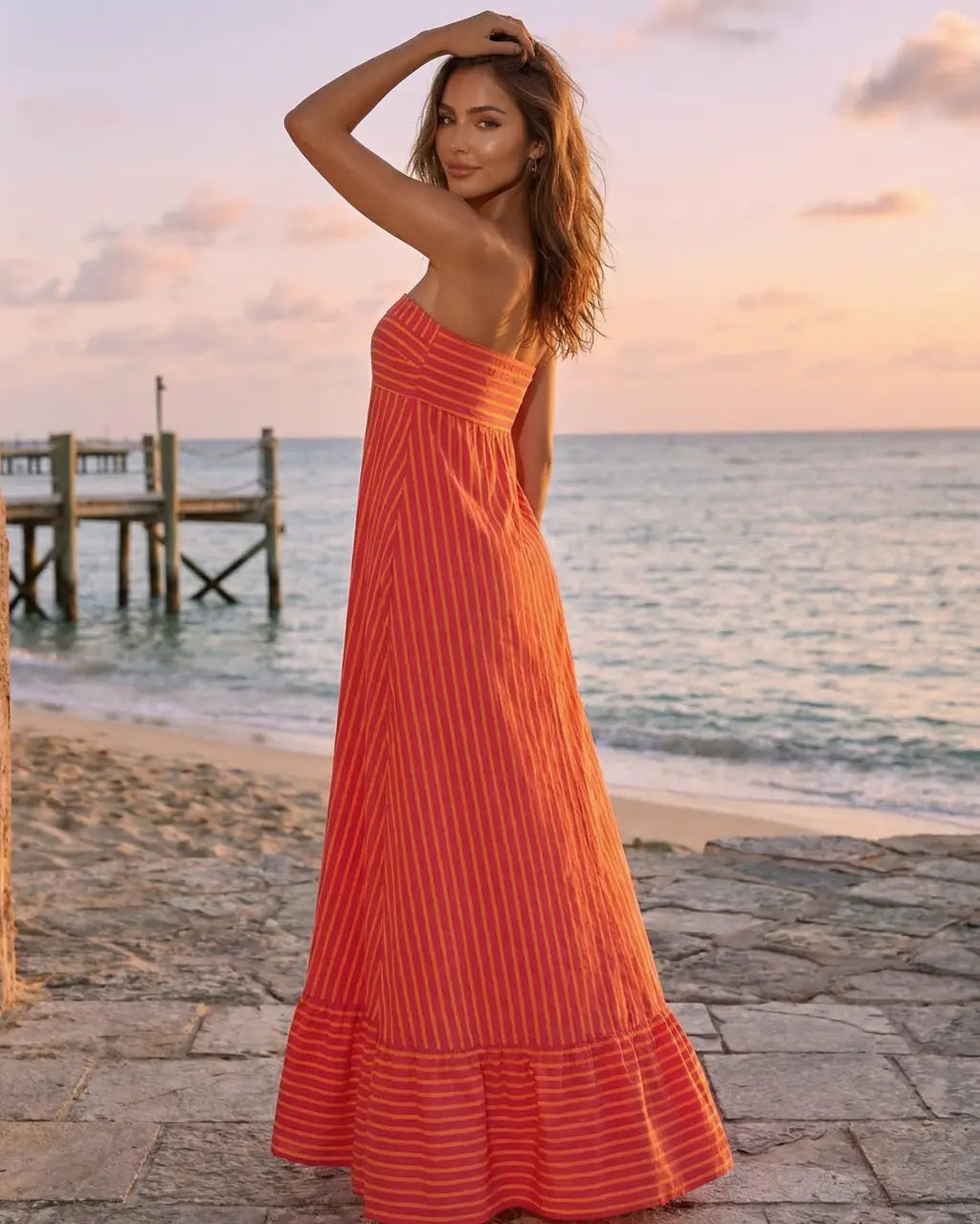 Red Summer Beach Striped Jersey Slim Fit Casual Maxi Dress SOLACE