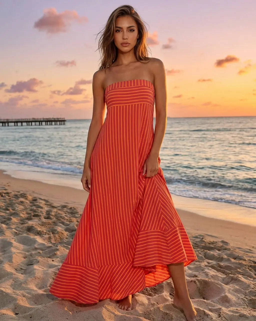Red Summer Beach Striped Jersey Slim Fit Casual Maxi Dress SOLACE