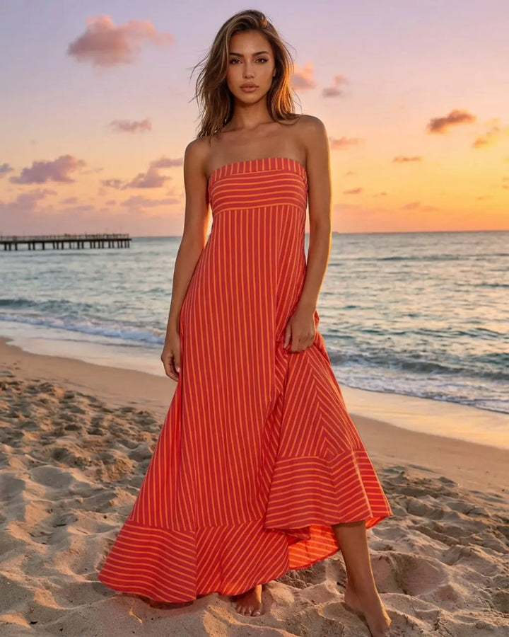 Red Summer Beach Striped Jersey Slim Fit Casual Maxi Dress SOLACE